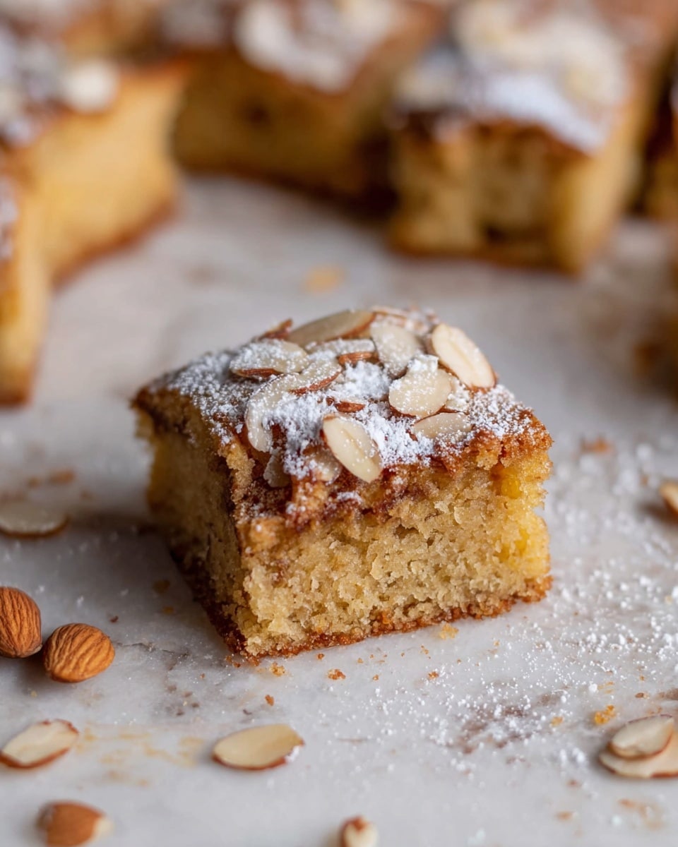 A close-up of a single square piece of almond cake with a bite taken from one corner showing a soft, crumbly light brown inside. The cake has two layers: a dense, moist golden-brown base and a slightly textured top layer covered with thin almond slices and dusted thickly with white powdered sugar. Around the cake piece, there are scattered almond slices and crumbs on a white marbled texture. In the blurry background, more pieces of the almond cake are stacked together. Photo taken with an iphone --ar 4:5 --v 7
