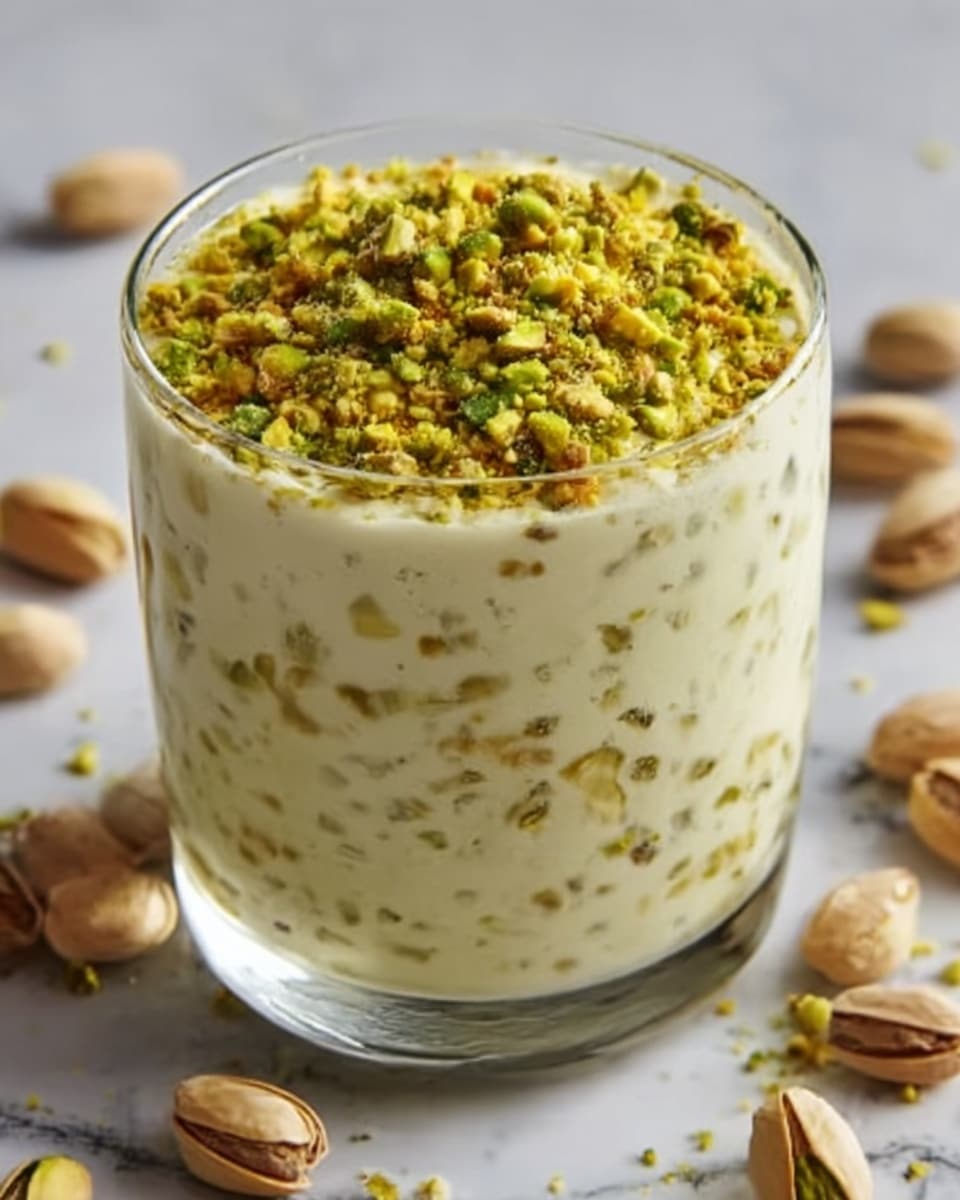 A clear glass filled with a creamy, light beige dessert mixed with small, green pistachio pieces evenly spread throughout. The dessert has a thick, smooth texture and fills almost to the top of the glass. The top layer is generously covered with crushed green pistachios, creating a crunchy contrast. The glass sits on a white marbled surface with whole pistachios scattered around it. photo taken with an iphone --ar 4:5 --v 7