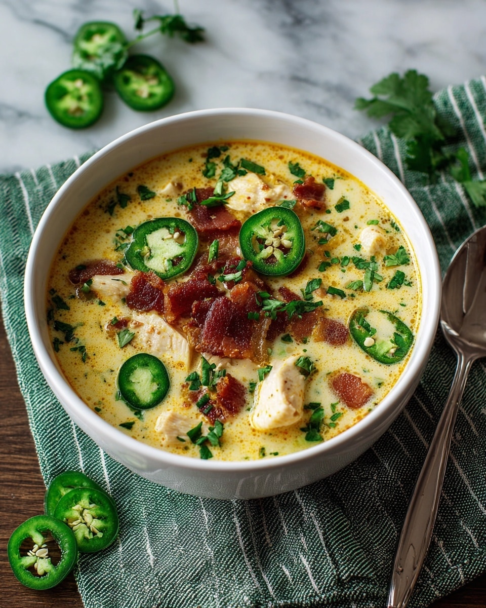 A white bowl filled with creamy yellow soup layered with chunks of white chicken, crispy brown bacon pieces in the center, and bright green jalapeño slices scattered on top. The soup is garnished with chopped green herbs evenly spread across, adding texture and color contrast. The bowl sits on a green and gray striped cloth on a white marbled surface, with a silver spoon resting beside it. A few jalapeño slices and herbs lie around the bowl, creating a fresh and inviting look. Photo taken with an iphone --ar 4:5 --v 7