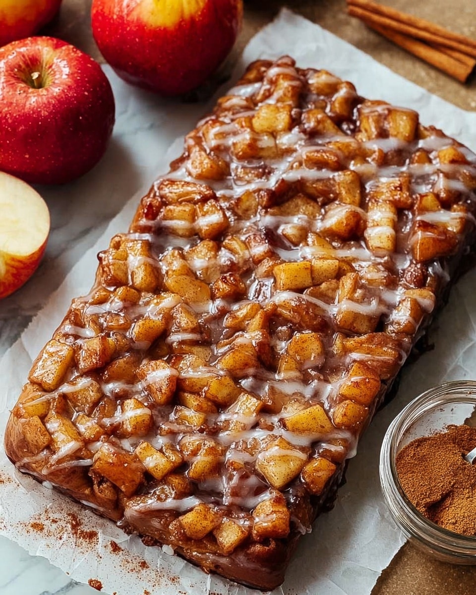 A close-up view of a rectangular apple cinnamon pastry resting on white parchment paper over a white marbled surface. The pastry has one visible layer, topped with golden brown, small diced apple pieces mixed with a sticky, glossy cinnamon glaze that creates a shiny, slightly uneven texture across the surface. A thin white icing is drizzled unevenly over the pastry, adding a light contrast over the rich brown and caramel tones. Around the pastry, there are whole red apples and a glass jar with cinnamon powder on the white marbled surface. Photo taken with an iphone --ar 4:5 --v 7