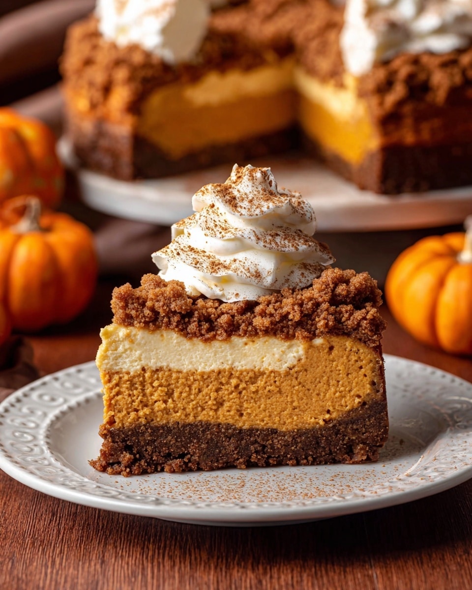 A slice of pumpkin cheesecake sits on a white plate with a delicate embossed edge, placed on a warm wooden surface. The cheesecake has three layers: a dark brown crumbly crust at the bottom, a thick creamy pumpkin orange filling in the middle, and a crumbly brown streusel topping. On top is a generous swirl of white whipped cream sprinkled with fine brown crumbs. In the blurry background, there is the rest of the cheesecake and small orange pumpkins beside it. Photo taken with an iphone --ar 4:5 --v 7