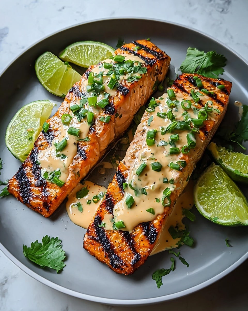 Two grilled salmon fillets with charred marks lay side by side on a white plate, each topped with a creamy light brown sauce and garnished with chopped green onions and cilantro leaves. Around the fillets are several wedges and slices of bright green lime. The plate is set on a white marbled surface. photo taken with an iphone --ar 4:5 --v 7