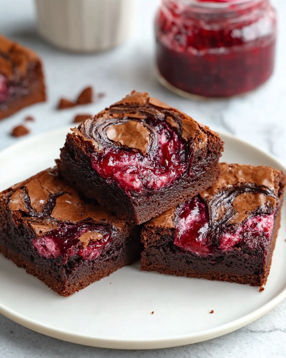 Three square chocolate brownies are placed on a white plate with a light golden rim, set on a white marbled textured surface. Each brownie shows a cracked, glossy top layer with visible swirls of deep red raspberry jam mixed into the rich dark chocolate batter, creating marbled patterns on the crust. The brownies appear thick and dense, with a moist, fudgy texture inside, and a few crumbs are scattered around the plate. In the blurred background, part of a white cup and a jar filled with red jam are visible. photo taken with an iphone --ar 4:5 --v 7