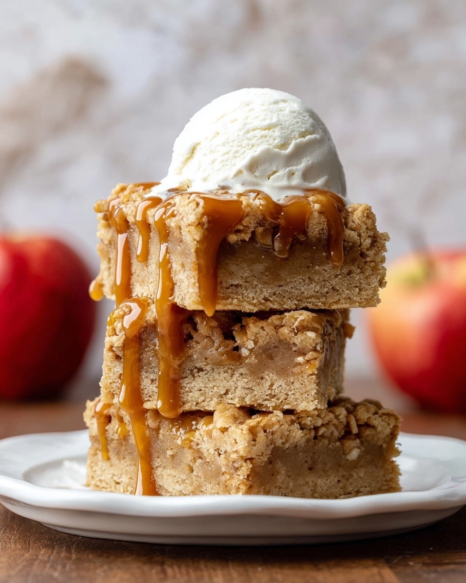 There is a stack of three thick square pieces of light brown crumbly cake on a white plate with rustic texture on the surface. The top piece is drizzled with caramel sauce running down the sides, and a scoop of white vanilla ice cream sits on top with a smooth texture and some soft ripples. In the background, there is a red apple adding a pop of color. The plate is placed on a wooden surface with a blurred dark brown background. Photo taken with an iphone --ar 4:5 --v 7