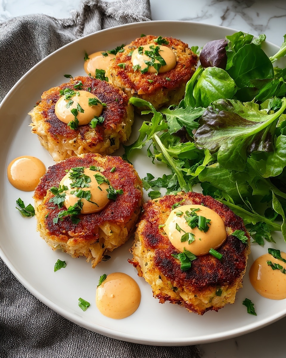 A white plate holds four round crab cakes with a golden-brown crispy crust, each topped with a dollop of light orange sauce and sprinkled with fresh chopped green herbs. To the right side of the crab cakes is a small pile of fresh, bright green leafy salad. Around the crab cakes on the plate, there are extra dollops of the same orange sauce with green herbs on top. The white plate rests on a white marbled textured surface with a gray cloth nearby. Photo taken with an iphone --ar 4:5 --v 7