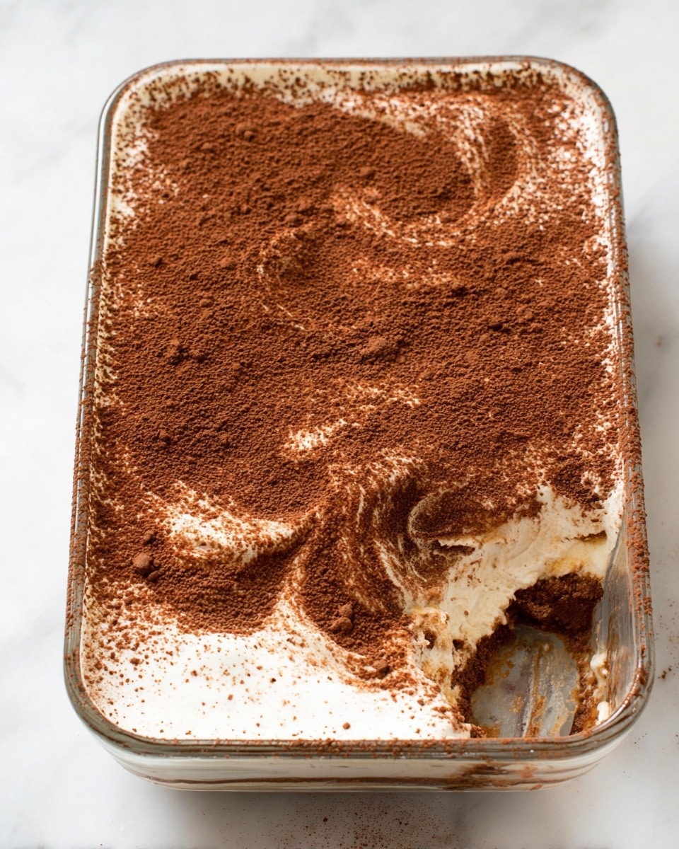A rectangular clear glass dish filled with a creamy dessert showing three visible layers from the side – a thick white creamy base layer at the bottom, a thin dark brown layer in the middle, and a thick dusting of fine cocoa powder covering the entire top surface with a rich, powdery texture. One corner of the cocoa layer is scooped out, revealing the smooth cream underneath with swirls of brown and white blending together. The dish is placed on a white marbled texture, with some cocoa powder scattered slightly around the edges. photo taken with an iphone --ar 4:5 --v 7