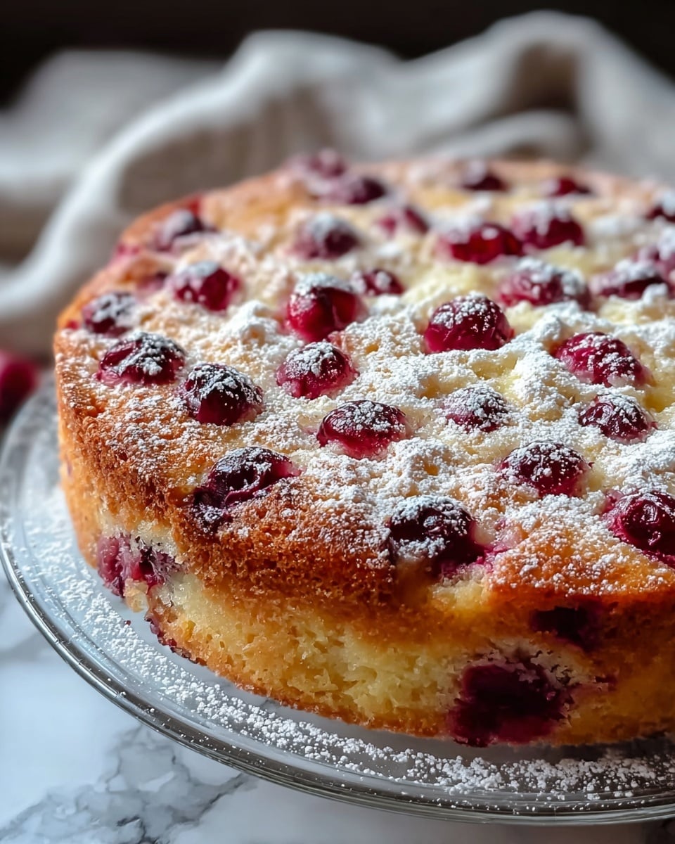 The image shows a one-layer round cake with a golden-brown, slightly crispy crust on the sides and top. The top surface is dotted with dark red and bright red cherries embedded in the soft, light yellow cake. The cherries are unevenly spread, some sunk slightly, with a dusting of white powdered sugar over the entire cake. The cake sits on a clear glass plate placed on a white marbled surface with a soft cloth partially visible in the background. Photo taken with an iphone --ar 4:5 --v 7