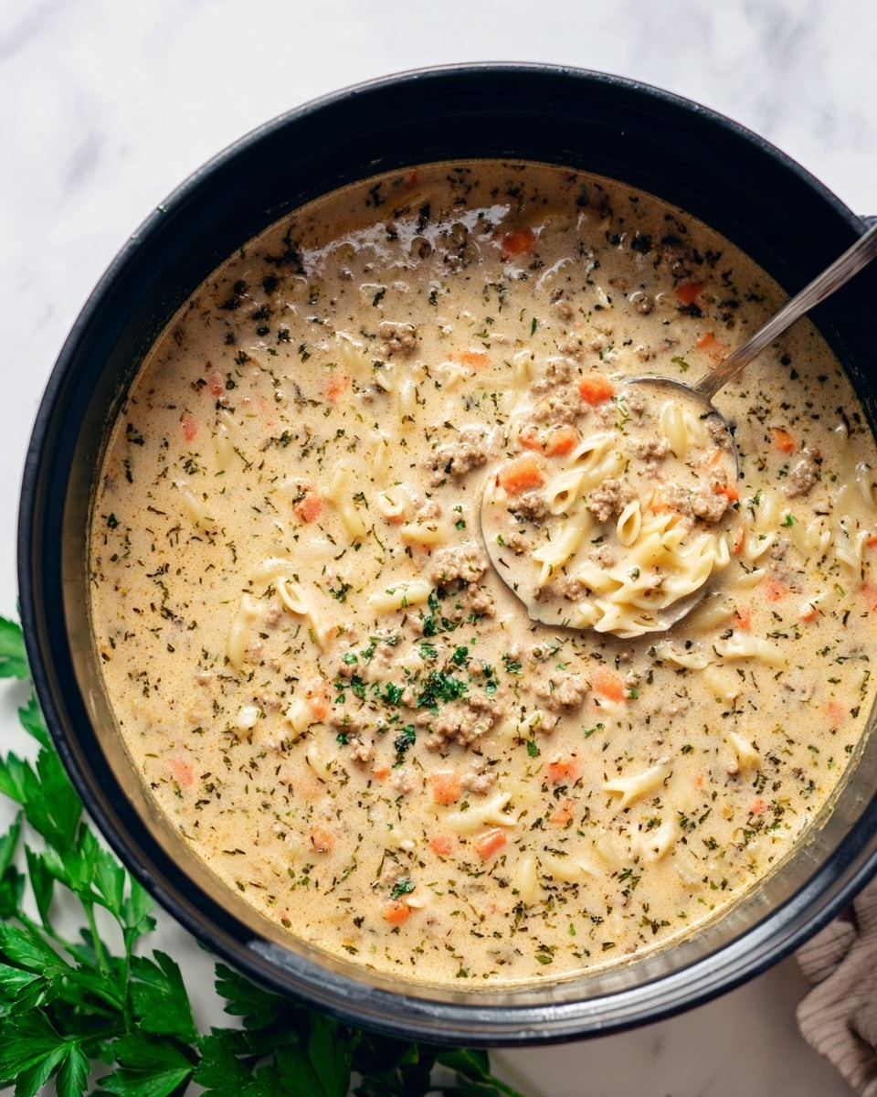 A large black pot holds a thick creamy soup with layers of visible ingredients, including small floating white pasta pieces, orange carrot bits, and small brown ground meat pieces, all mixed in a light beige broth speckled with green herbs. A spoon is partially dipped in the soup, showing the dense texture and layers of ingredients inside. The pot sits on a white marbled surface, with fresh green parsley leaves placed nearby. photo taken with an iphone --ar 4:5 --v 7