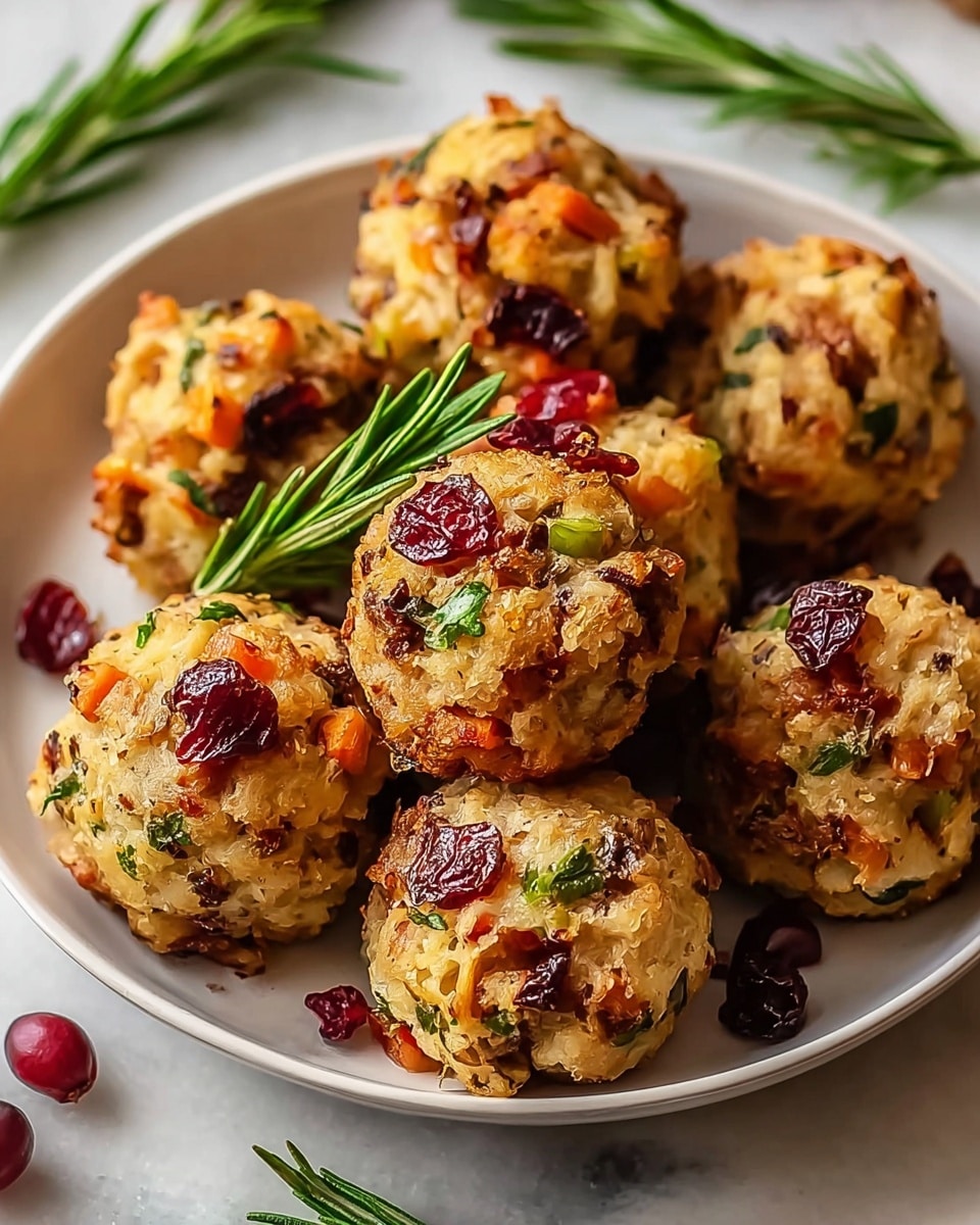 The image shows a white plate filled with round stuffing balls made from a mix of chopped bread, diced carrots, onions, and green herbs. Each ball is golden brown with crispy edges, dotted with bright red cranberries and fresh green rosemary sprigs tucked around them. The texture looks crunchy outside and soft inside with visible bits of vegetables and herbs. The plate is set on a white marbled surface with more rosemary sprigs nearby, giving a fresh and inviting look. photo taken with an iphone --ar 4:5 --v 7