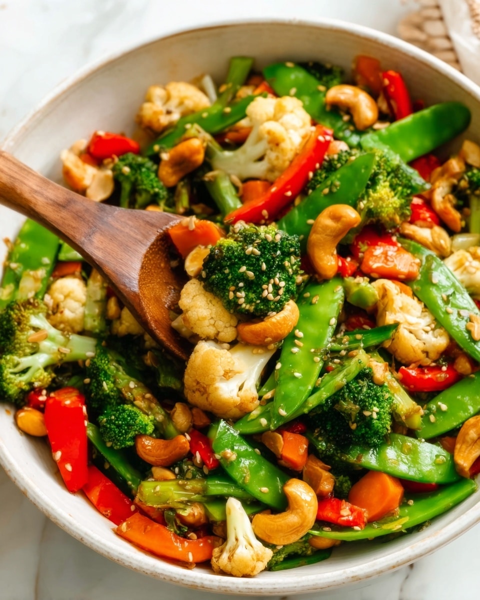 A white bowl filled with a colorful stir-fry consisting of bright green snap peas and broccoli, orange and red bell pepper pieces, lightly cooked cauliflower florets, golden cashew nuts, and small toasted sesame seeds scattered on top. A wooden spoon is partially inside the bowl, lifting some of the stir-fry. The background shows a white marbled texture. Photo taken with an iphone --ar 4:5 --v 7