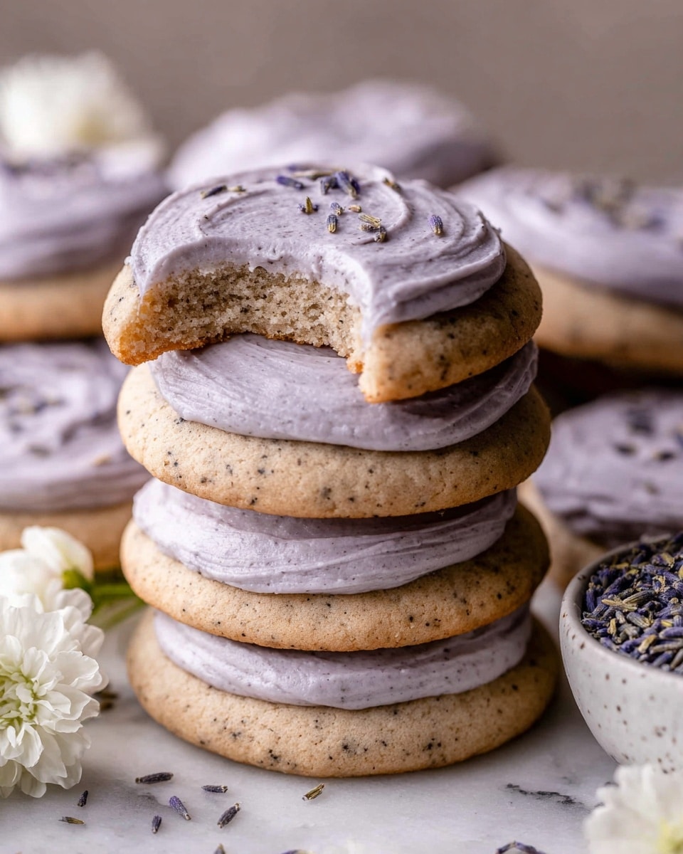 A close-up view of a stack of soft, round cookies with a light brown speckled texture, each cookie topped with a thick layer of smooth, pale lavender frosting that has a slightly swirled pattern. The top cookie in the stack has a bite taken out of it, showing a soft and crumbly inside. Some cookies are decorated with tiny dried lavender bits sprinkled on the frosting. The cookies rest on a white marbled surface with a few small white flowers and a small white bowl filled with dried lavender in the background. photo taken with an iphone --ar 4:5 --v 7