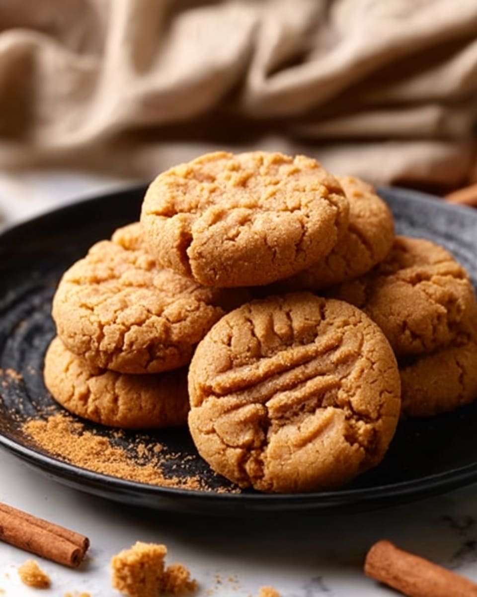 The image shows a stack of round peanut butter cookies with a cracked and slightly crumbly texture, sitting on a white plate with a dark rim. The cookies are golden brown with a fork-pressed crisscross pattern on top, making the surface look a little rough and patterned. The plate also holds a few whole cinnamon sticks placed casually around the cookies. The background is a white marbled surface with a soft, neutral cloth partially visible. Photo taken with an iphone --ar 4:5 --v 7