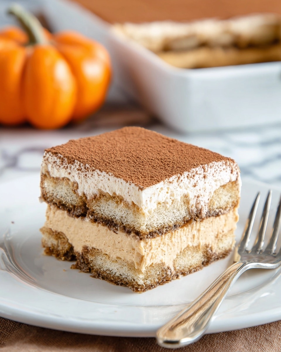 A square piece of layered dessert sits on a white plate with a shiny fork beside it. The dessert has four visible layers, starting with a soft, light brown sponge base soaked in a dark coffee color at the bottom. Above that is a creamy, light tan mix with a smooth texture. The third layer is another spongy section, darker and clouded with coffee color, slightly uneven. The top layer is a thick, creamy light tan that looks airy and fluffy, dusted with an even coat of fine cinnamon or cocoa powder, giving it a warm brown color. In the background, there is a white tray holding the rest of the dessert, and a bright orange pumpkin is slightly out of focus on a white marbled surface. Photo taken with an iphone --ar 4:5 --v 7