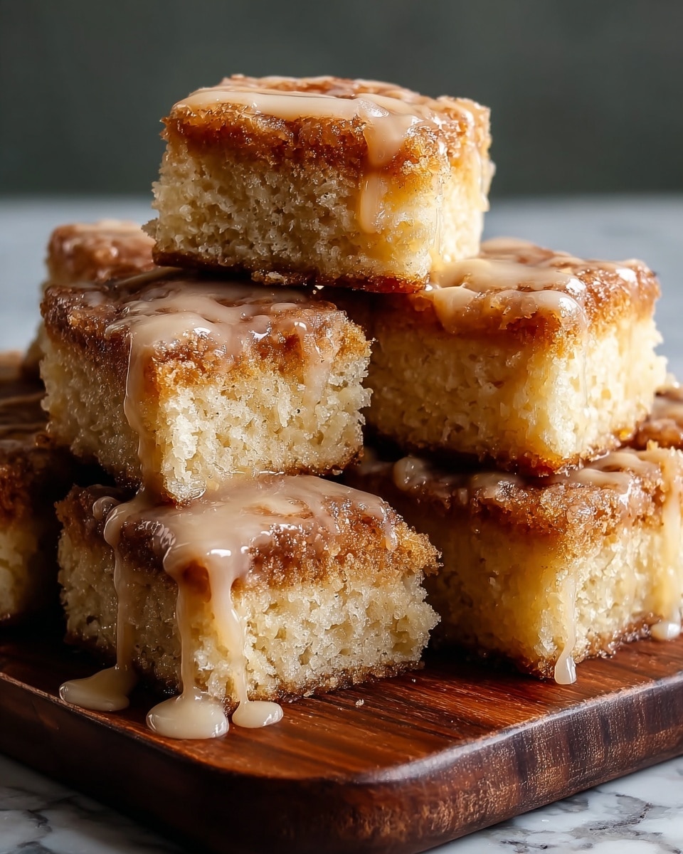 The image shows a stack of square cake pieces on a dark wooden board placed on a white marbled texture. Each cake piece has two layers: the bottom layer is a soft, light yellow cake with a moist and airy texture, and the top layer is a darker, caramelized brown crust that looks crunchy and slightly crispy. A glossy, light beige glaze is drizzled unevenly over the top, adding a shiny and smooth texture that blends into the caramelized layer. The cakes are close together, stacked in a slightly uneven pile with some glaze dripping down the sides onto the board. photo taken with an iphone --ar 4:5 --v 7