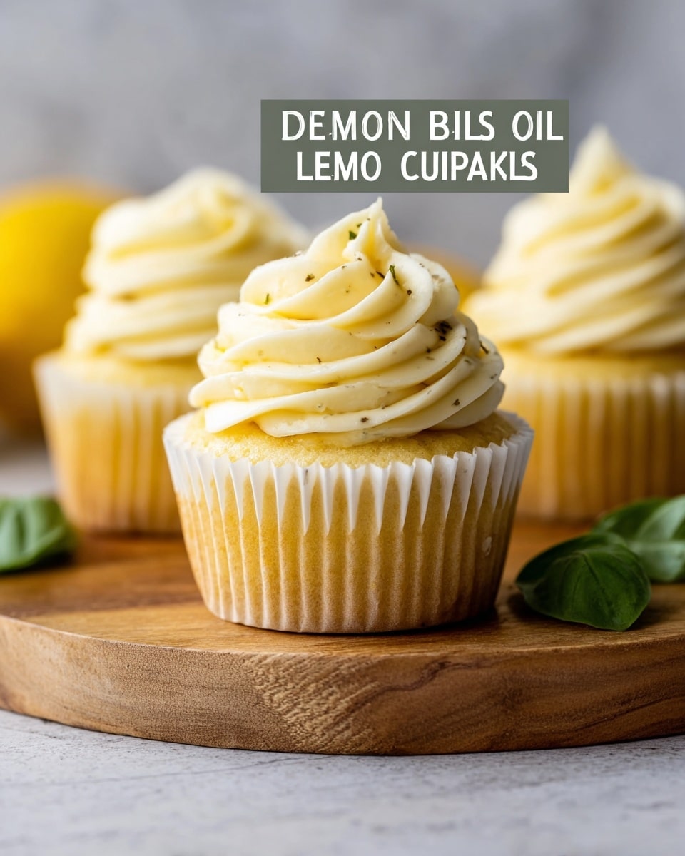 The image shows a close-up of three lemon basil olive oil cupcakes. Each cupcake has two main layers: the bottom layer is a golden-yellow cake with a soft, moist texture, while the top layer is a thick swirl of light creamy yellow frosting with small visible specks, giving it a smooth, slightly fluffy texture. The cupcakes are wrapped in pleated white paper liners and are placed on a round wooden board with a natural grain texture. The background includes a blurred light blue space and a few green basil leaves on the white marbled surface. Photo taken with an iphone --ar 4:5 --v 7
