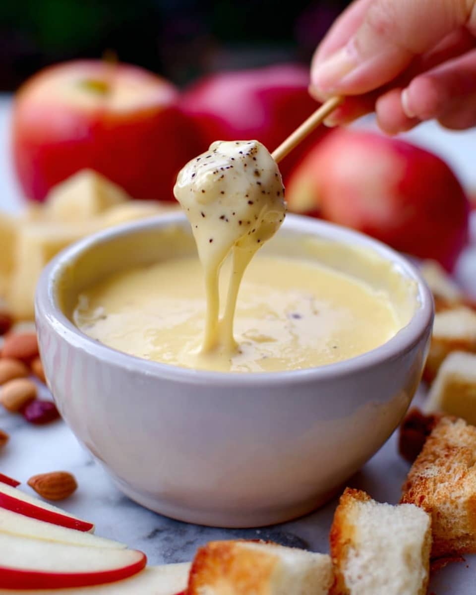 A close-up shows a woman's hand holding a wooden stick with a piece of bread dipped in thick, creamy cheese sauce that drips slightly. The sauce is pale yellow with small black pepper specks on the surface inside a white bowl. Around the bowl, there are slices of red and white apple, pieces of cubed bread, and scattered nuts. The background is a white marbled surface. photo taken with an iphone --ar 4:5 --v 7