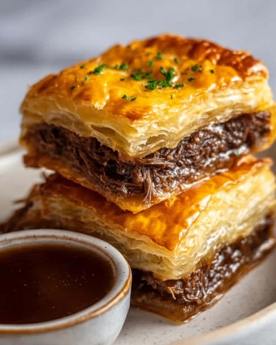 The image shows a close-up of two square pieces of beef pie stacked on a white plate, each with three visible layers: a golden, flaky puff pastry top, a thick middle layer of shredded, dark brown beef, and a shiny, browned puff pastry base. Small green herb bits are sprinkled on top of the upper piece. Next to the pies is a small round container filled with dark brown sauce. The background is a white marbled texture. Photo taken with an iphone --ar 4:5 --v 7