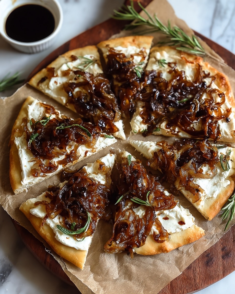 A round flatbread pizza is cut into six slices, each slice topped with a thick layer of white creamy cheese spread evenly across the light golden crust. On top of the cheese, there is a generous pile of caramelized onions that are dark brown and shiny, giving a rich texture and glossy look. Around the pizza, fresh green rosemary leaves add a pop of color. The pizza rests on crumpled parchment paper placed on a wooden board with a warm brown tone. There is a small white bowl with a dark liquid, likely balsamic glaze or sauce, placed near the top left corner, all set against a white marbled surface. photo taken with an iphone --ar 4:5 --v 7