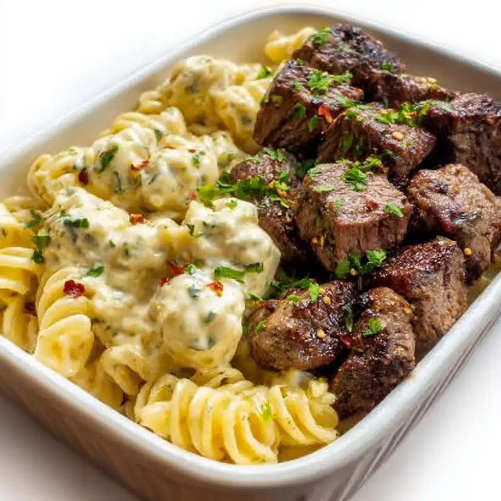 Steak Bites and Shell Pasta in Garlic Butter Alfredo Sauce Recipe - Recipe Image