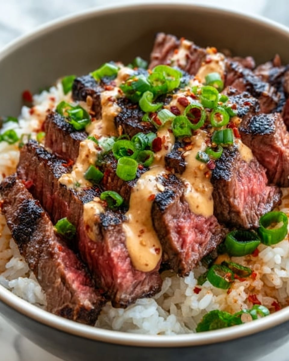 The image shows a bowl filled with white rice as the bottom layer, topped with several slices of grilled steak arranged in a fan shape. The steak is cooked medium rare with a charred dark brown crust and a pink center. Drizzled over the steak is a creamy, light brown sauce with specks of red, adding texture and color. On top, there are chopped green onions scattered evenly, giving a fresh green contrast. The bowl is white, sitting on a white marbled surface. Photo taken with an iphone --ar 4:5 --v 7