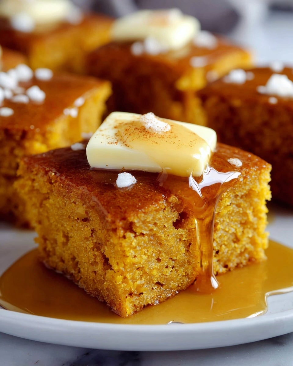 A close-up view of a single square piece of warm, moist pumpkin cake with a coarse, slightly crumbly texture forming the base layer in a white plate. On top, there is a thick glossy amber syrup layer slowly dripping down the sides, creating a shiny effect. Sitting neatly on the syrup is a small square pat of light yellow butter, garnished with a little sprinkle of fine brown cinnamon powder and a tiny flake of white sea salt. Surrounding the main piece, similar pumpkin cake squares with the same syrup and salt topping are slightly blurred in the background. The whole scene rests on a white marbled surface. photo taken with an iphone --ar 4:5 --v 7