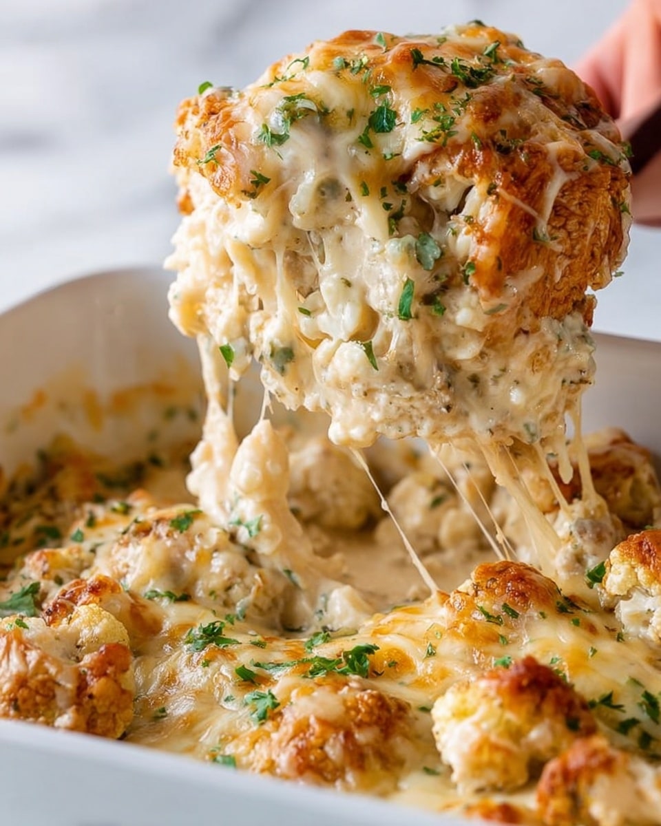 The image shows a close-up of a cheesy chicken drumstick being lifted above a white dish filled with creamy rice. The drumstick has a golden brown roasted skin, covered with melted cheese that is stringy and stretchy, along with small green herb bits sprinkled on top. Below the cheese, a thick creamy sauce coats the chicken and rice, creating a rich texture. The rice is soft and mixed with the sauce, and small pieces of chicken are visible throughout the dish. The background has a white marbled texture. Photo taken with an iphone --ar 4:5 --v 7