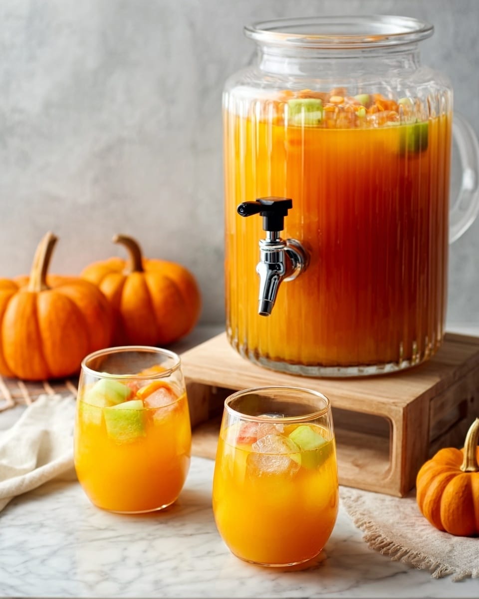 The image shows a clear glass drink dispenser filled with bright orange juice, sitting on a small round wooden stand. The juice has a slightly frothy layer at the top. In front of the dispenser, two clear short glasses with textured lines are filled with the same orange juice. Each glass is garnished with slices of green apple and pieces of cinnamon stick on top. Next to the glasses, there are two small orange pumpkins with green stems, and a white marbled surface underneath everything. A white cloth napkin is placed beside the dispenser, and a white plate with green apples and red fruit is partially visible on the right side. The photo taken with an iphone --ar 4:5 --v 7