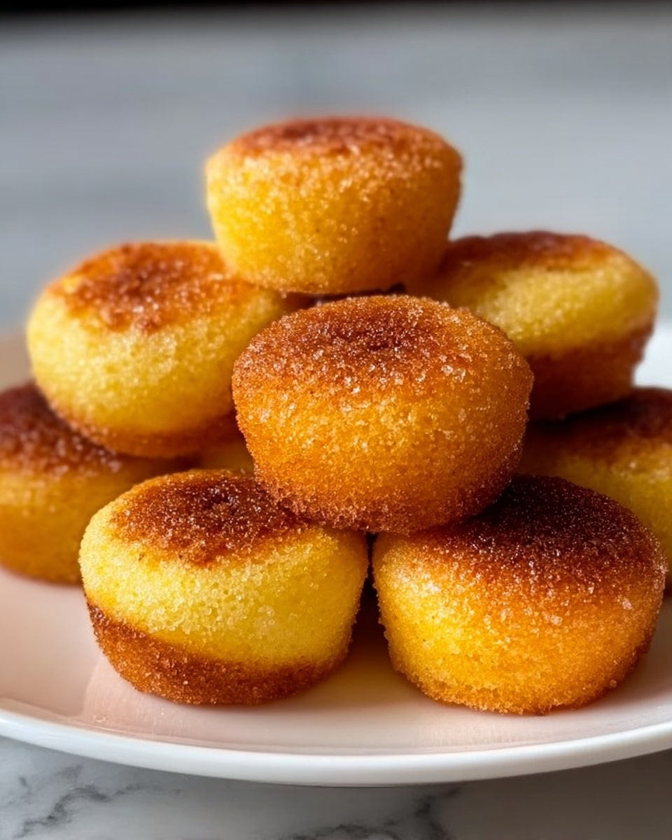 A white plate holds a pile of small round cakes, about ten in total, stacked in a loose pyramid shape. Each cake is golden yellow with a slight gradient to a darker brown on the tops and edges, showing a lightly crispy texture. The surface of the cakes is slightly grainy, suggesting a sugary coating. The background is a white marbled texture. Photo taken with an iphone --ar 4:5 --v 7