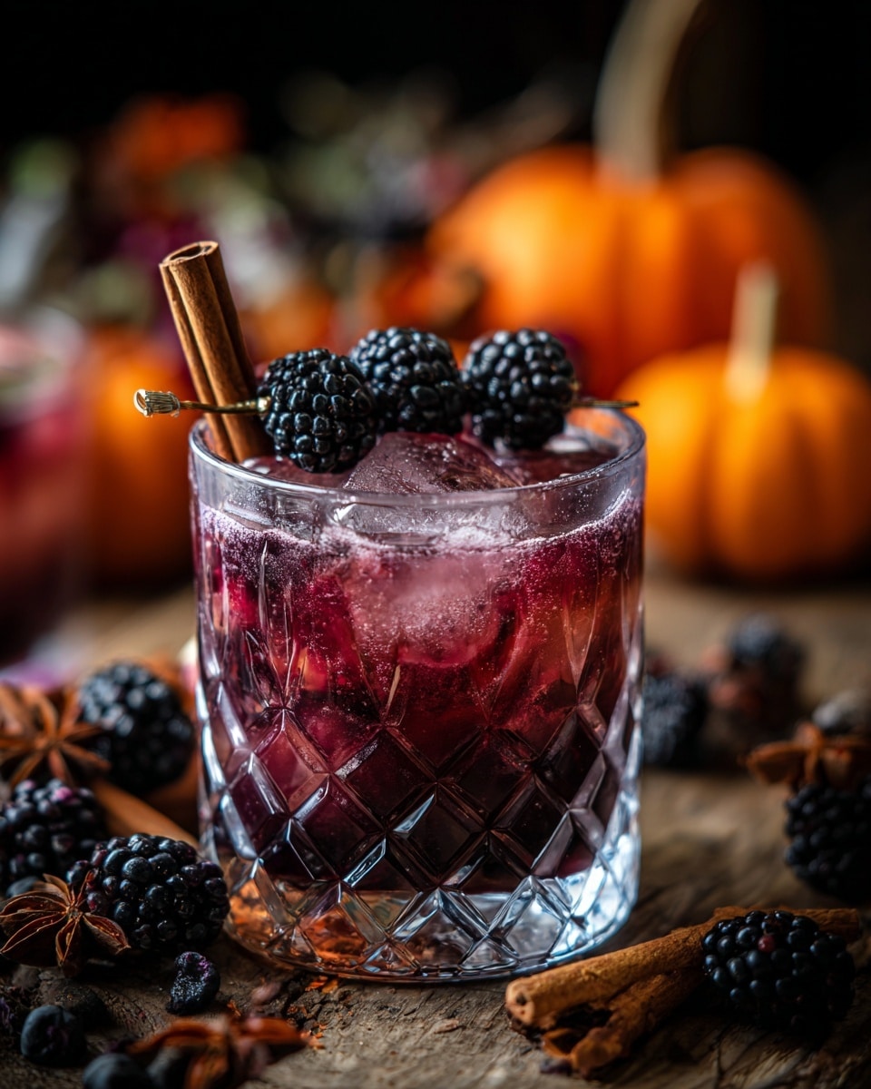 A short, clear glass with a diamond pattern is filled with a deep reddish-purple drink. The bottom layer is a dark purple liquid, gradually blending into a lighter reddish-purple as it moves up. Ice cubes float near the top, partially submerged in the liquid. Three glossy blackberries sit on the surface of the drink, with one blackberry partially inside the glass. A brown cinnamon stick leans diagonally out of the glass. On the wooden round surface holding the glass are two blackberries and two star anise near the front. In the blurred background, a small orange pumpkin is visible against a dark setting. photo taken with an iphone --ar 4:5 --v 7