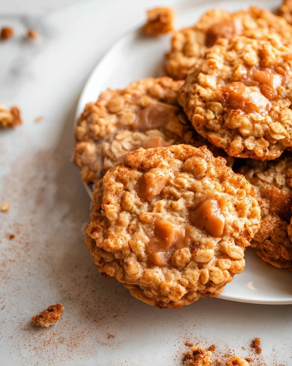 A close-up view of a stack of five chewy oatmeal cookies on a white plate, each cookie showing textured oats and cinnamon dusting, with two soft caramel chunks embedded near the center. The cookies have a golden-brown color with a slightly moist, rough surface, gently rising in the middle, giving a thick and chunky appearance. A few scattered crumbs and cinnamon powder lie on the white marbled surface beneath the plate, adding to the cozy, warm feeling. Thin streams of steam gently rise from the cookies, emphasizing their fresh, just-baked warmth. Photo taken with an iphone --ar 4:5 --v 7