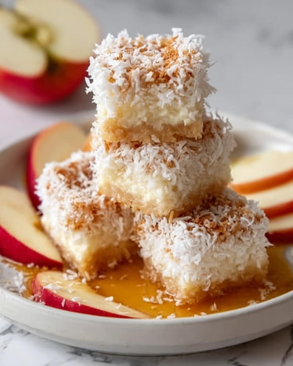 The image shows a stack of four coconut-covered bite-sized dessert squares placed on a white plate. Each square has three visible layers: the bottom layer is firm and light brown, the middle layer is soft and pale cream-colored, and the top layer is covered with white shredded coconut. The coconut flakes add a rough texture to the smooth top. Around the plate are thin slices of red apple and light amber syrup drizzled over and around the dessert squares. The setting is on a white marbled surface. photo taken with an iphone --ar 4:5 --v 7