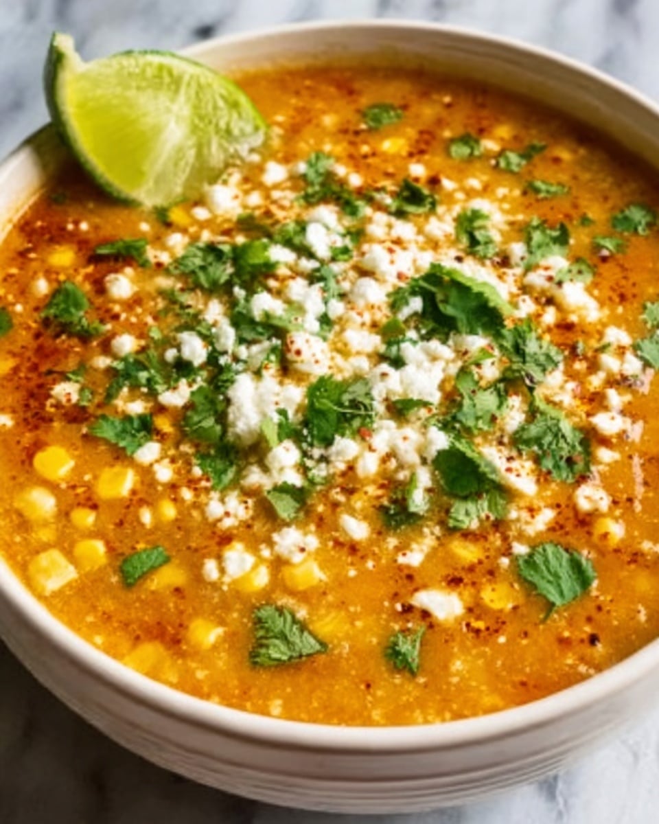 The image shows a white bowl filled with a thick, orange soup that has visible corn kernels throughout. The soup is topped with crumbled white cheese scattered on the surface, along with fresh green cilantro leaves sprinkled on top. A lime wedge rests on the edge of the bowl. The bowl sits on a white marbled surface, and the overall texture of the soup looks creamy with some spice flakes sprinkled over it. Photo taken with an iphone --ar 4:5 --v 7