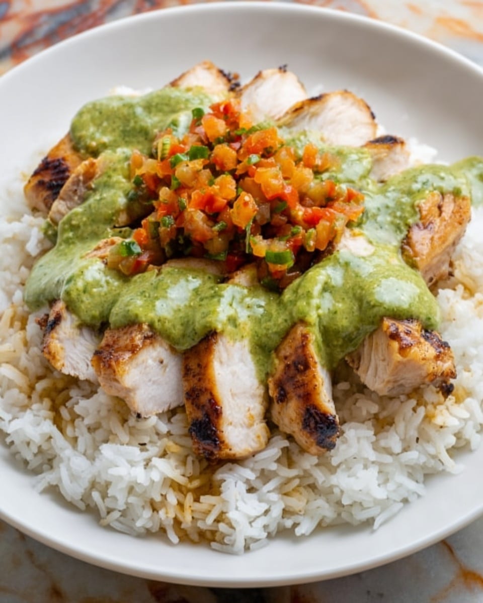 A white plate holds a bed of plain white rice as the bottom layer, topped with several thick slices of grilled chicken arranged neatly in the center. The chicken has a slightly charred, brownish crust with visible grill marks and is covered with drizzles of green sauce that looks creamy and smooth. On top of the green sauce is a small amount of finely chopped orange garnish, adding a pop of bright color. The background features a white marbled surface. photo taken with an iphone --ar 4:5 --v 7