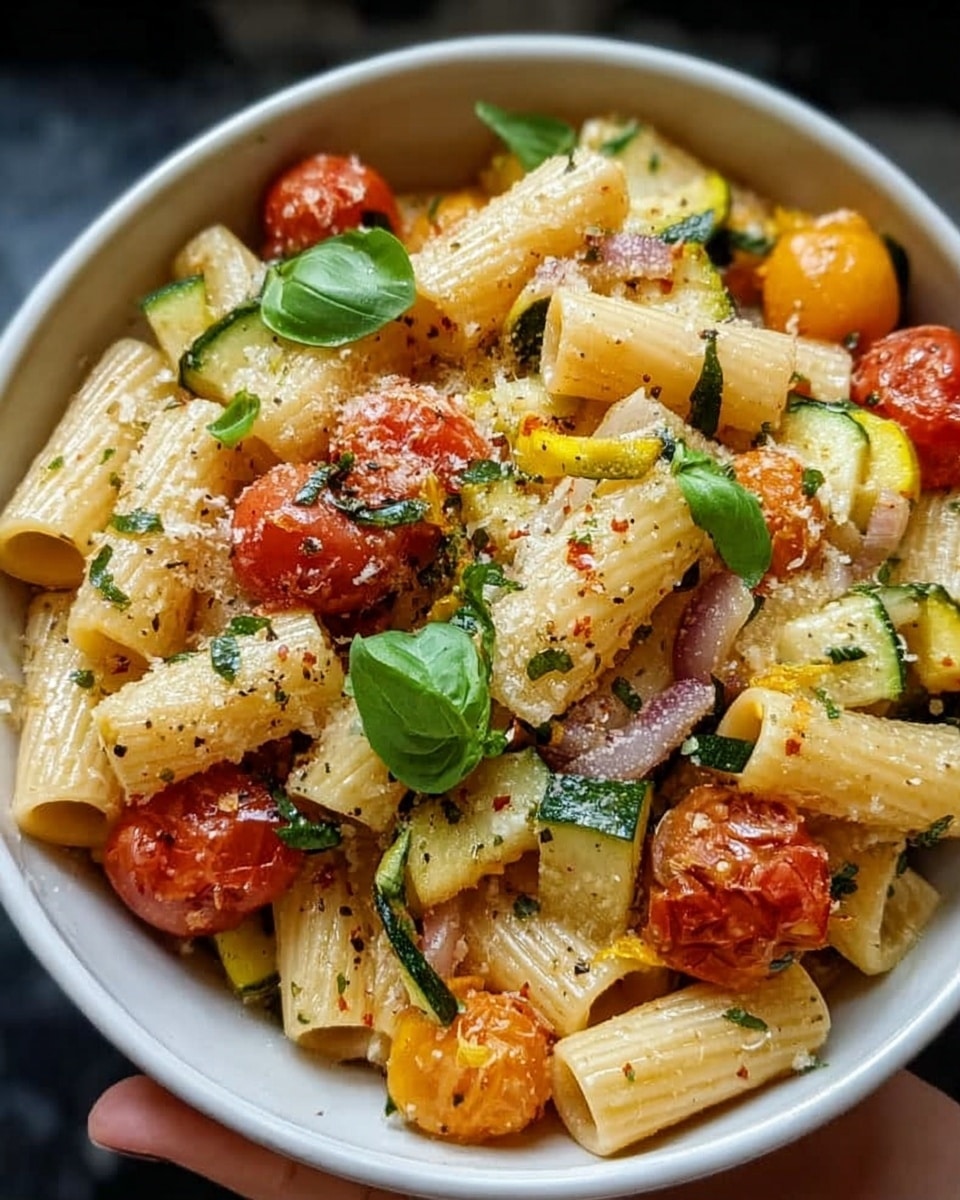 The image shows a close-up of a bowl filled with rigatoni pasta cooked al dente, mixed with halved cherry tomatoes, small yellow squash pieces, and thin slices of red onion. The pasta is coated lightly with herbs and sprinkled with grated cheese, giving a slightly crumbly texture on top. Fresh green basil leaves are scattered throughout, adding pops of bright green. The bowl is white, placed on a white marbled surface, and a woman's hand is visible holding the edge of the bowl. photo taken with an iphone --ar 4:5 --v 7
