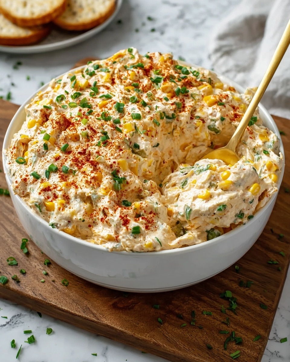 A white bowl filled with a creamy, thick mixture that looks soft and fluffy with visible chunks of yellow corn and small green onion pieces scattered throughout. The top layer is sprinkled with red spice and green herbs, adding a pop of color. A golden spoon is inserted into the mixture on the right side, creating a slightly sunken area showing the texture inside. The bowl sits on a rustic wooden board, all placed on a white marbled surface. Photo taken with an iphone --ar 4:5 --v 7