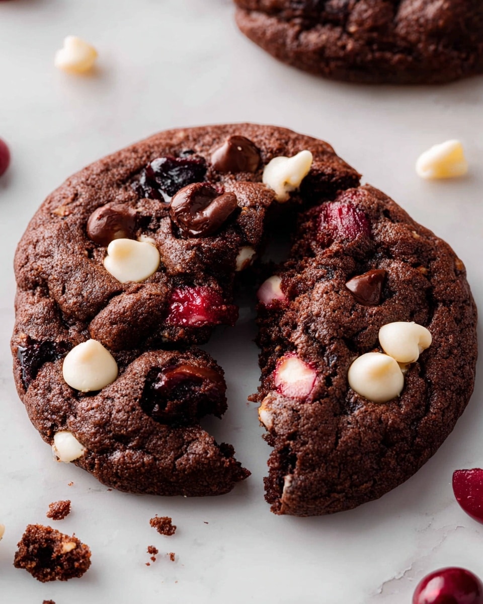A large, thick chocolate cookie broken in half, showing its soft, rich dark brown interior with a slightly crumbly texture. The cookie is filled and topped with scattered large white and dark chocolate chips, and a few toasted hazelnuts peeking out. The surface has a mix of smooth and rough patches with some melted chocolate and bits of cherry embedded, giving red hints through the dark base. The background is a white marbled texture. photo taken with an iphone --ar 4:5 --v 7