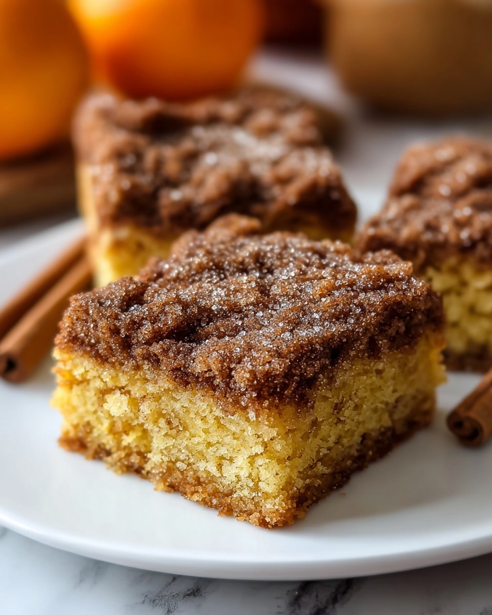 A close-up of a square slice of cake on a white plate shows two main layers: a moist, dense golden yellow base with a slightly crumbly texture, and on top, a thick, rich brown crumb layer that looks moist and sticky, sprinkled lightly with granulated sugar. In the background, more pieces of the same cake with similar layers are visible but softly blurred, resting on the white plate. The setting is on a white marbled surface with warm orange tones hinting at pumpkins and a cinnamon stick adding an autumn feel. photo taken with an iphone --ar 4:5 --v 7