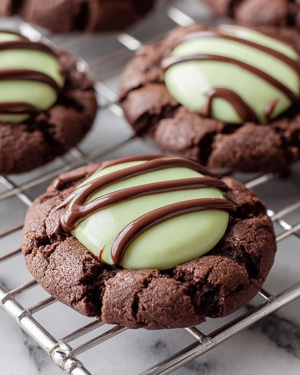 A close-up of a dark brown chocolate cookie with a cracked texture, resting on a metal wire rack over a white marbled surface. The cookie has two layers: the base is thick and soft-looking chocolate dough with visible cracks, and the top layer is a smooth, pale green mint cream circle slightly smaller than the cookie. There are thin lines of chocolate drizzled over the mint cream and extending onto the cookie base, adding a decorative touch. The background shows blurred similar cookies with the same layers and drizzle pattern. Photo taken with an iphone --ar 4:5 --v 7