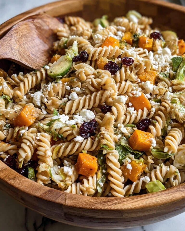 Fall Pasta Salad with Butternut Squash, Brussels Sprouts, and Maple Dijon Vinaigrette Recipe