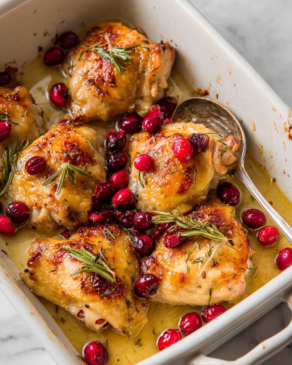 The image shows a white baking dish filled with golden-brown baked chicken thighs, each topped with small bright red cranberry pieces and garnished with fresh green rosemary sprigs. The chicken skin looks crispy with varied textures, some parts slightly charred. The dish contains a light golden sauce pooling around the chicken, adding gloss and moisture. A large silver spoon rests in the dish on the right side, partly submerged in the sauce. The setting is on a white marbled surface. photo taken with an iphone --ar 4:5 --v 7