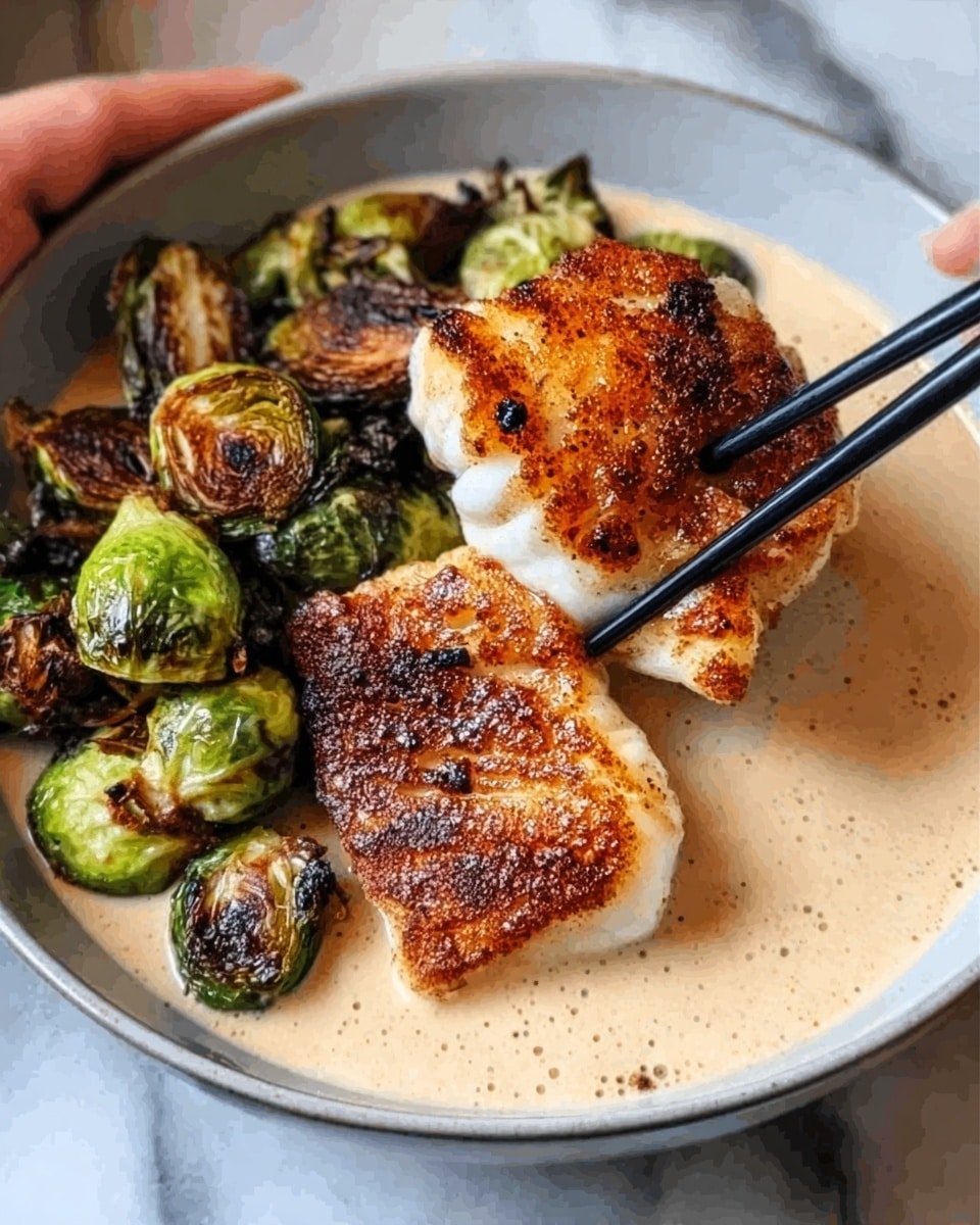 A white bowl holds a creamy beige sauce as the base layer, topped with two pieces of golden-brown seared fish with slightly charred edges, giving a crispy texture. On the side inside the bowl are several roasted Brussels sprouts, their green color darkened from roasting with some caramelized spots. A woman's hand is using black chopsticks to lift one piece of fish from the bowl. The background is a white marbled surface. photo taken with an iphone --ar 4:5 --v 7