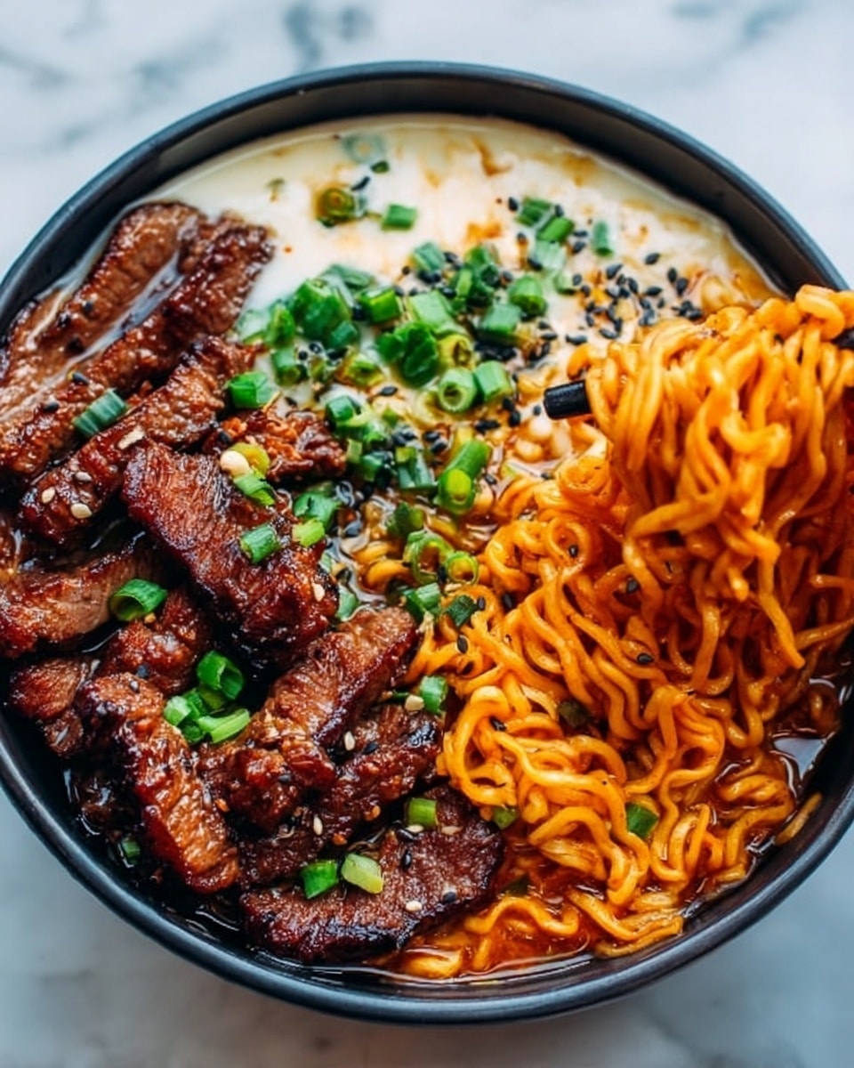 The image shows a white bowl filled with a rich, layered noodle dish on a white marbled surface. At the bottom right, there are bright orange, curly noodles that look soft and slightly glossy. Next to the noodles on the top right, there is a portion of dark orange meat with a thick sauce, giving a sticky and glazed look. On the left side of the bowl, there is a creamy, light beige sauce with a smooth texture, topped with small green chopped herbs. Overlapping the noodles and sauce, there are several thick slices of dark brown grilled meat with a shiny glaze, scattered with chopped green herbs. A woman's hand holds orange noodles lifted above the bowl, showing their texture. The whole presentation is clean and vibrant. photo taken with an iphone --ar 4:5 --v 7