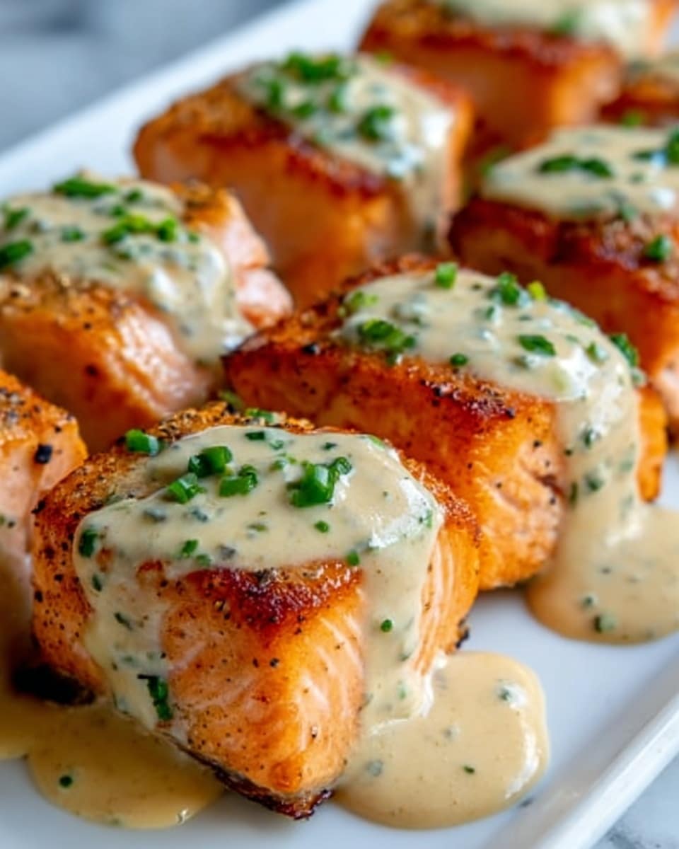 The image shows several pieces of grilled salmon arranged closely on a white plate, each piece topped with a creamy pale beige sauce that slightly drips down the sides. The salmon is a rich orange color with a slightly charred texture, giving a cooked and juicy look. Small green herb pieces, likely chopped parsley or chives, are sprinkled on top of the sauce, adding a fresh touch of color. The background is a white marbled surface, which contrasts with the vibrant colors of the salmon and sauce. Photo taken with an iphone --ar 4:5 --v 7