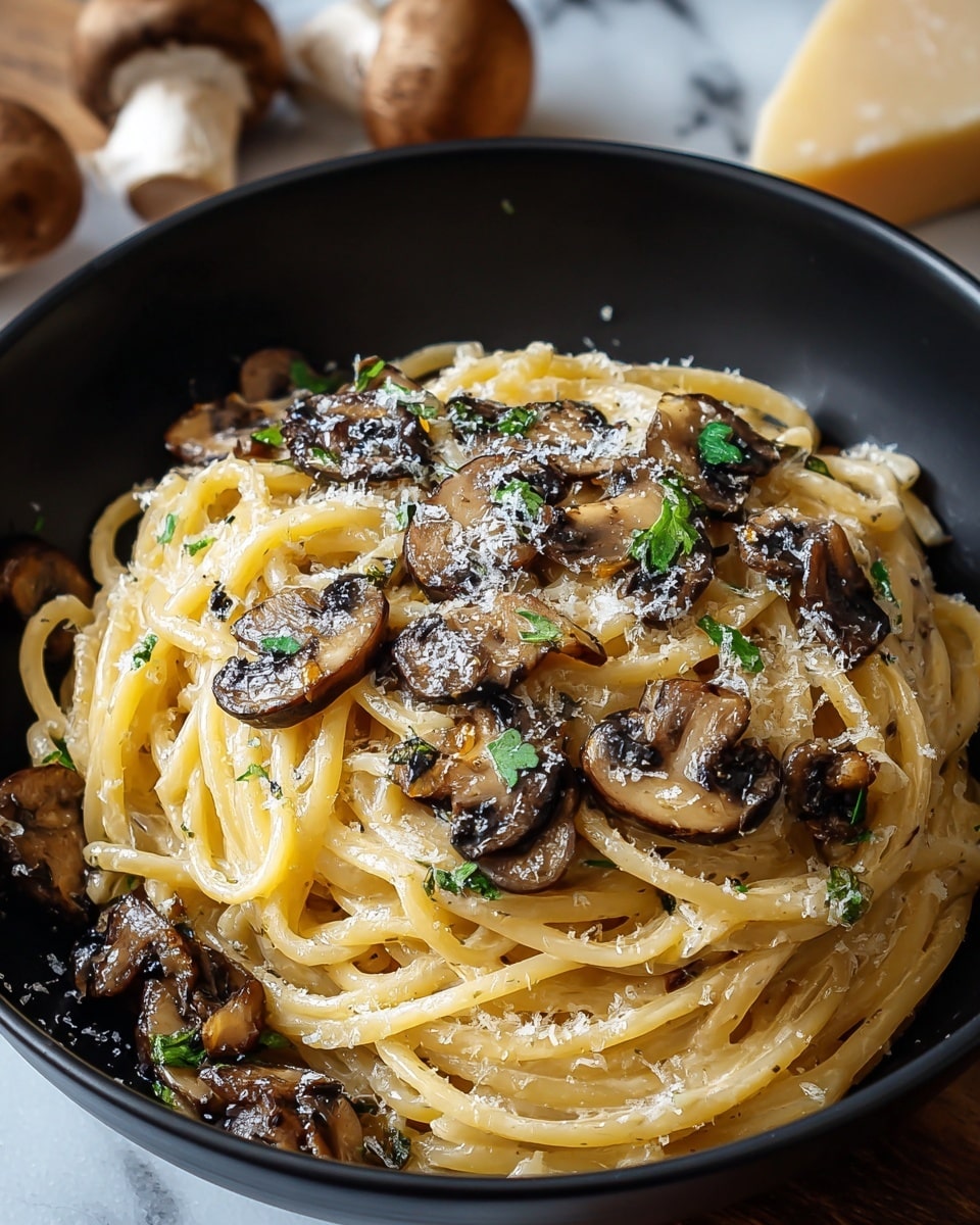 The image shows a black bowl filled with creamy pasta topped with sautéed mushroom slices and small bits of green herbs. The pasta strands are light yellow and creamy, forming a thick, tangled nest at the bottom. The mushrooms are evenly scattered on top, adding dark brown shades with a glossy texture. Grated cheese is sprinkled over the mushrooms and pasta, adding a fine, snowy white layer that contrasts with the darker ingredients. The bowl sits on a white marbled surface, with some blurred mushrooms in the background. photo taken with an iphone --ar 4:5 --v 7