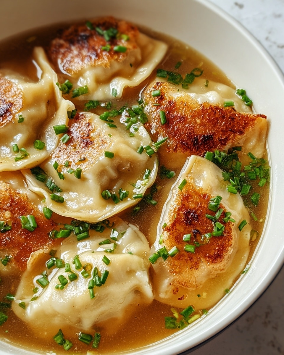 A white bowl filled with golden-brown fried dumplings floating in clear broth, each dumpling showing a slightly crisp, browned surface with soft, pleated edges. The broth is light and clear with small bubbles and droplets of oil. Scattered on top are bright green chopped chives adding a fresh contrast to the warm dumplings. The bowl sits on a white marbled surface, creating a clean, simple background. photo taken with an iphone --ar 4:5 --v 7