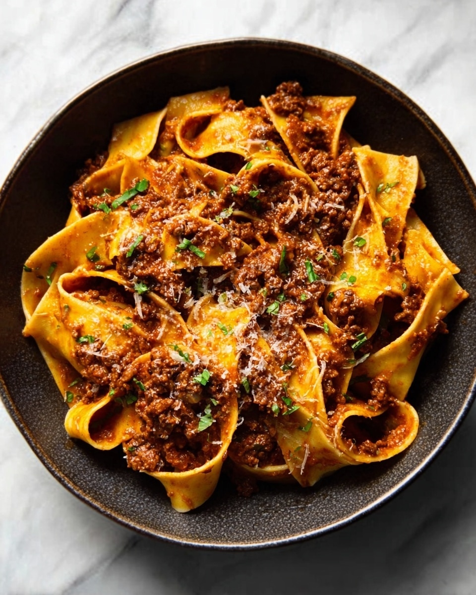 A white round plate holds a large serving of pasta with wide, flat noodles that are folded and layered unevenly, each noodle coated with a rich, glossy reddish-brown sauce. On top of and mixed between the noodles is a generous amount of finely shredded cooked meat, dark brown in color, adding texture and depth. Small bits of green herbs are sprinkled lightly on the meat and pasta, adding a pop of color and freshness. The dish looks hearty and well-seasoned, resting on a white marbled surface, with a subtle shadow giving depth to the plate. Photo taken with an iphone --ar 4:5 --v 7