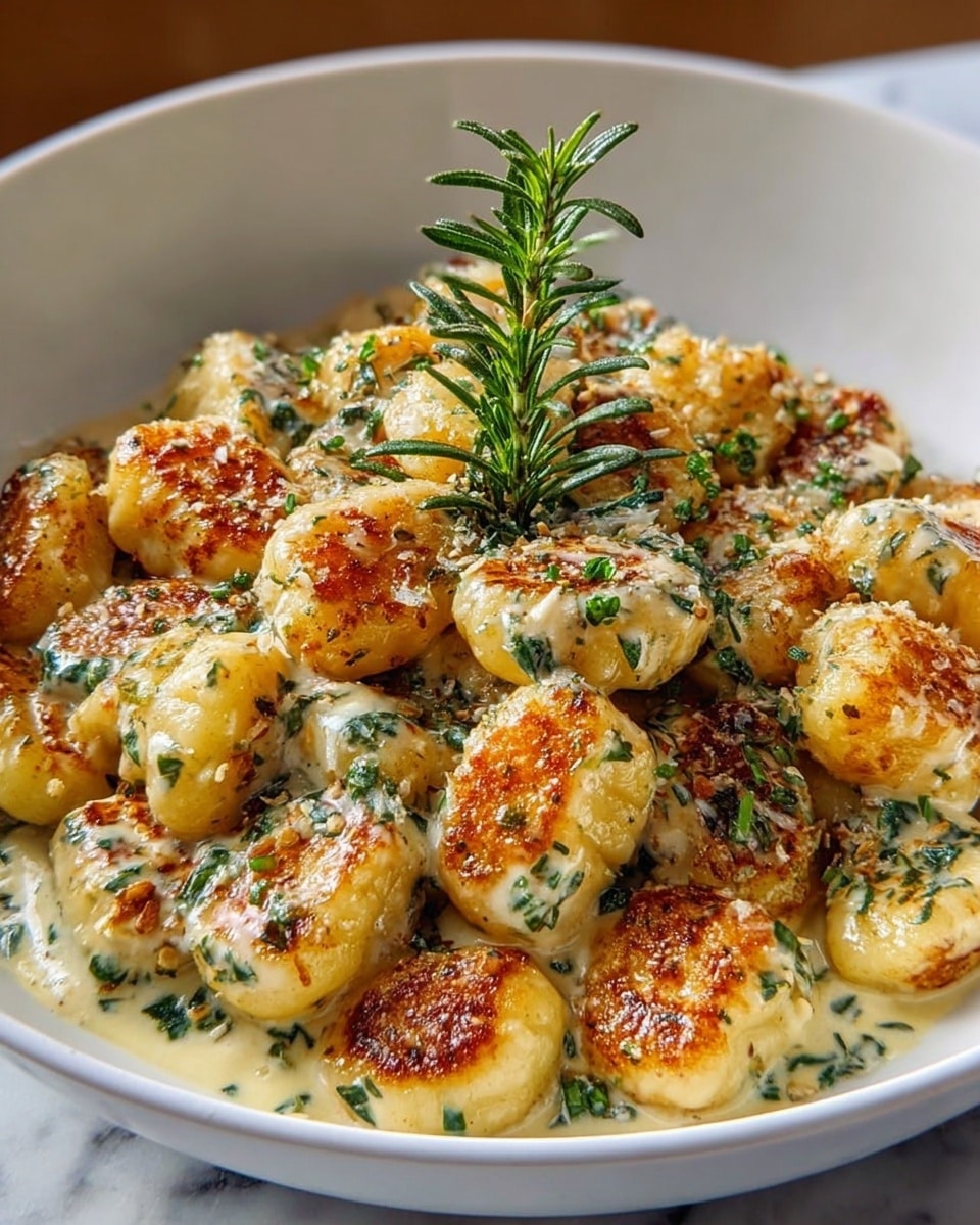 This dish shows a white bowl filled with golden-brown gnocchi pieces that have crispy, browned edges. The gnocchi are covered in a rich, creamy white sauce with visible green herbs mixed in, adding flecks of dark green throughout. On top, a small sprig of fresh rosemary with dark green needle leaves stands upright, giving a fresh and herbal touch. The bowl is placed on a white marbled surface that contrasts softly with the warm colors of the food. photo taken with an iphone --ar 4:5 --v 7