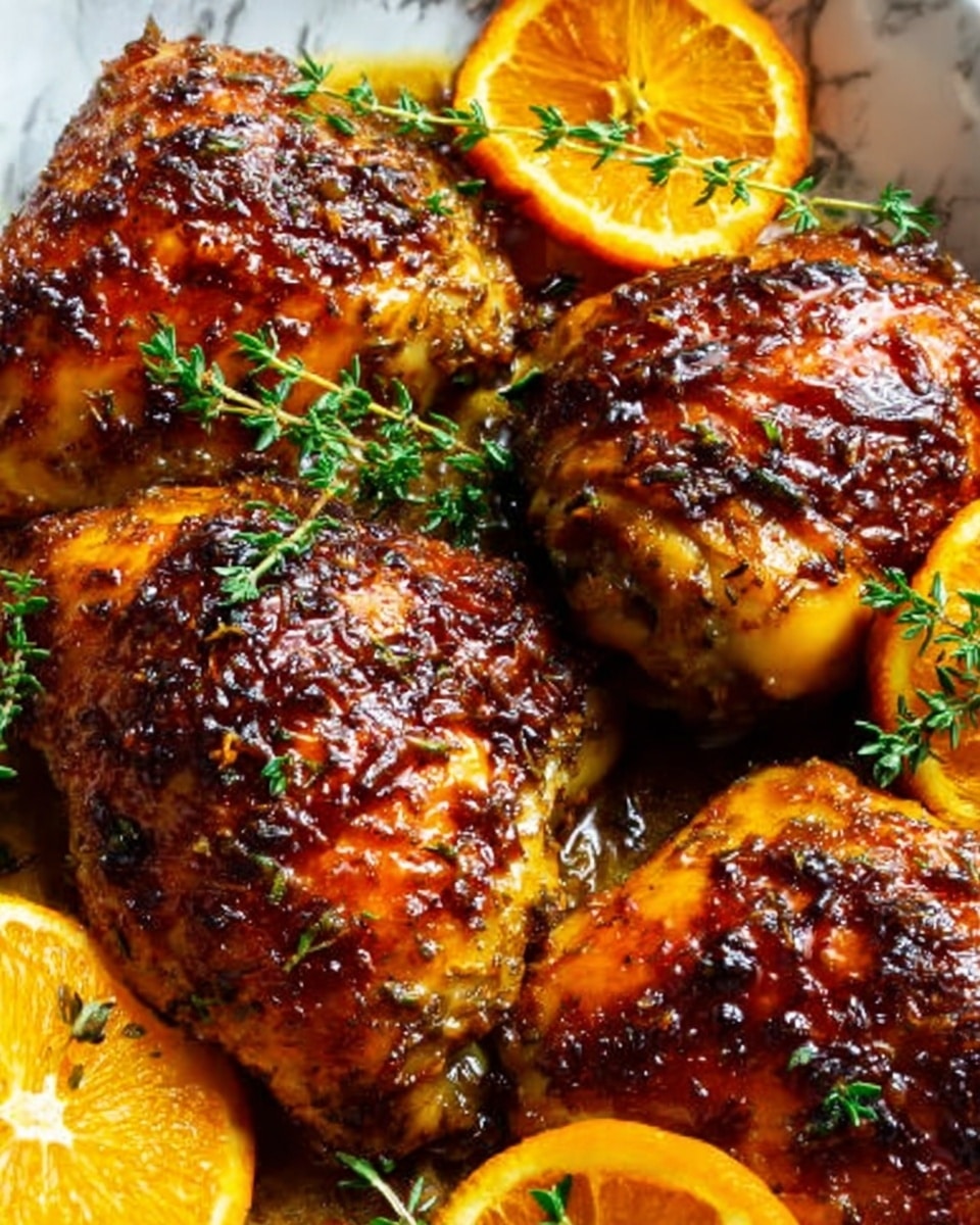 The image shows close-up roasted chicken pieces with a shiny, dark brown glaze, sprinkled with small green herb leaves. On top of the chicken, there are thin, bright orange slices with visible texture and juice inside. The chicken skin looks crispy with a slightly charred texture. The background has a white marbled texture. photo taken with an iphone --ar 4:5 --v 7