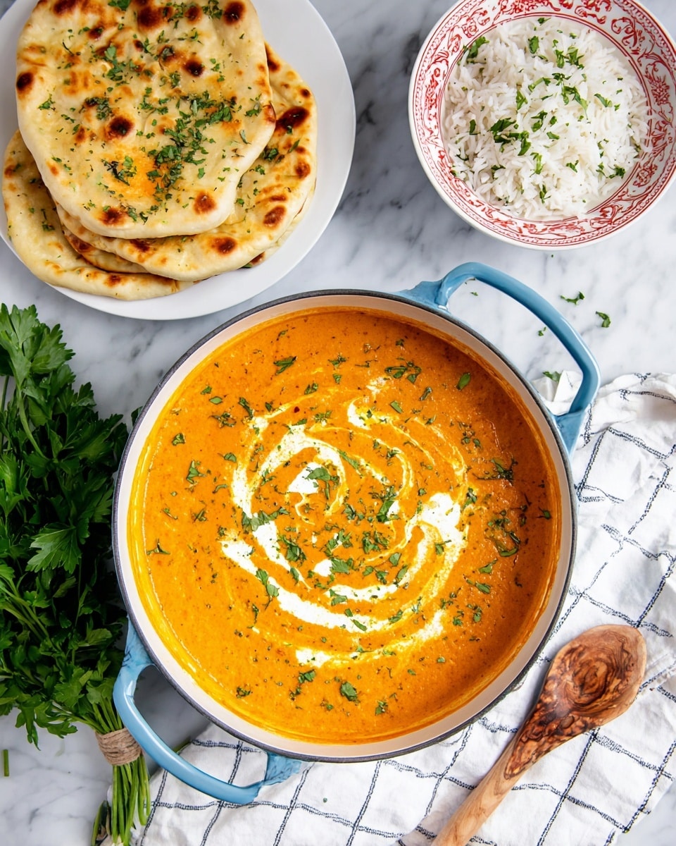 A bright blue pot filled with thick, smooth orange lentil soup with visible green spinach mixed in, topped with a white cream swirl and fresh chopped green herbs spread on top. To the top right of the pot, there is a white bowl patterned with red edges, filled with fluffy white rice sprinkled with green herbs. At the top left, a white plate stacked with four round flatbreads, golden brown with charred spots and sprinkled with green herbs. A bunch of fresh green parsley is placed to the left of the pot on a white marbled surface, with a white cloth underneath the pot, and a wooden spoon with natural grain resting at the bottom right. photo taken with an iphone --ar 4:5 --v 7