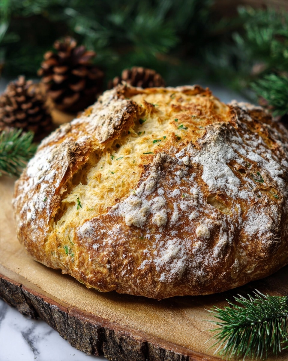 A round, rustic loaf of bread sits on a wooden board, featuring a crusty, uneven outer layer dusted lightly with flour and textured with cracks and creases. The outer layer is golden-brown with hints of pale flour spots, while the inner part visible at the top center is soft and yellowish with small green herb flecks and bits of melted cheese, adding a slightly rough texture. The background consists of dark green pine needles and brown pine cones, resting on a white marbled surface. Photo taken with an iphone --ar 4:5 --v 7